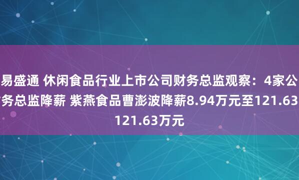 易盛通 休闲食品行业上市公司财务总监观察：4家公司财务总监降薪 紫燕食品曹澎波降薪8.94万元至121.63万元